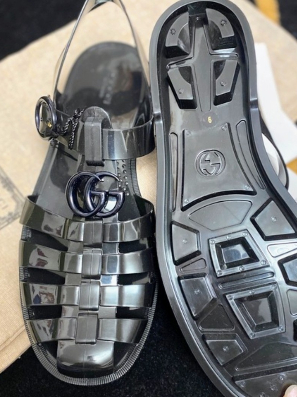 Gucci Black Jelly GG Logo Fisherman Sandals - Women's
